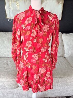 Zara Red Floral Tie-Neck Long Sleeve Dress